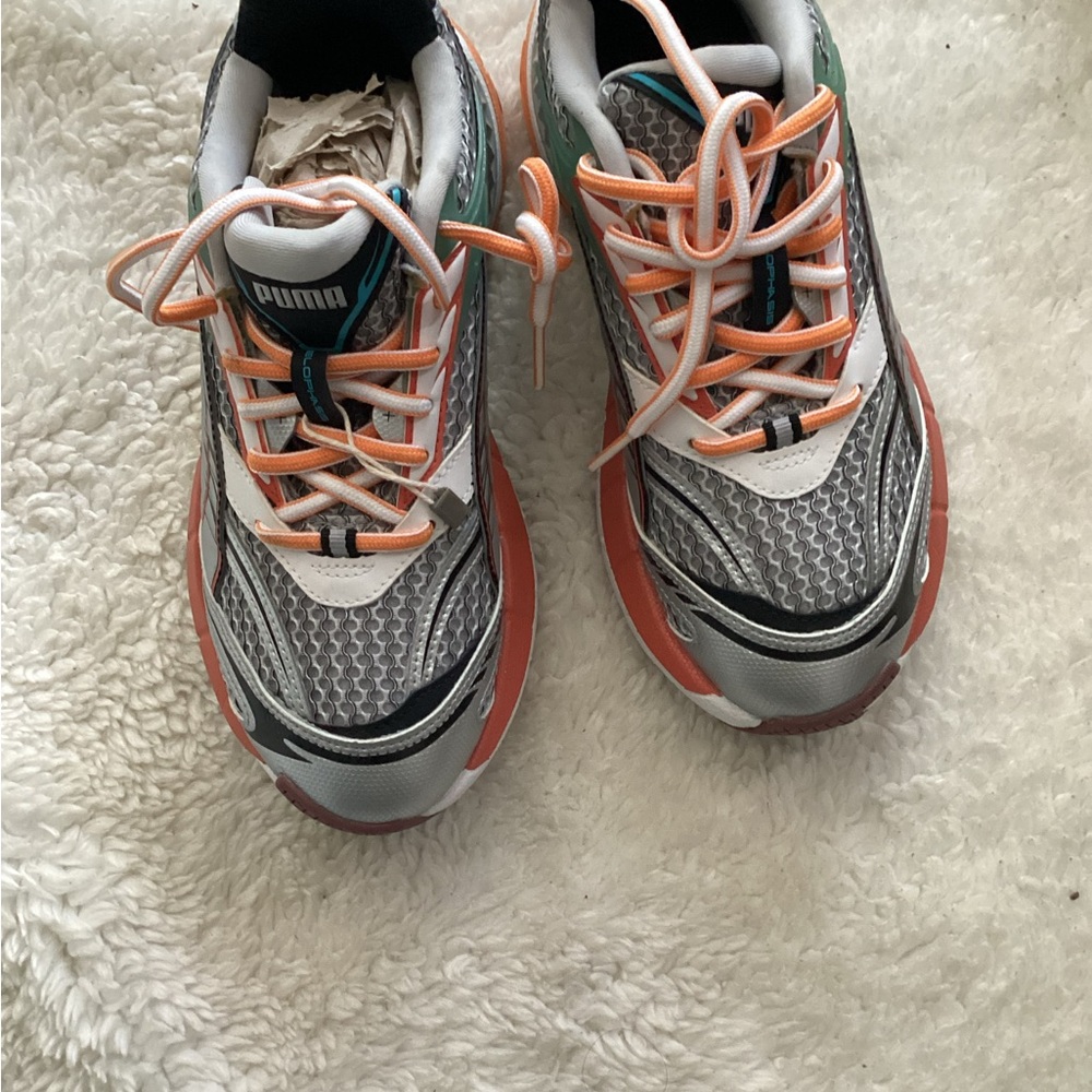 Puma Silver and Coral Athletic Sneakers with Teal Accents
